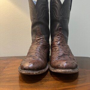 Lucchese AUGUSTUS Full Quill Ostrich skin roper boots: color Sienna+Dark brown